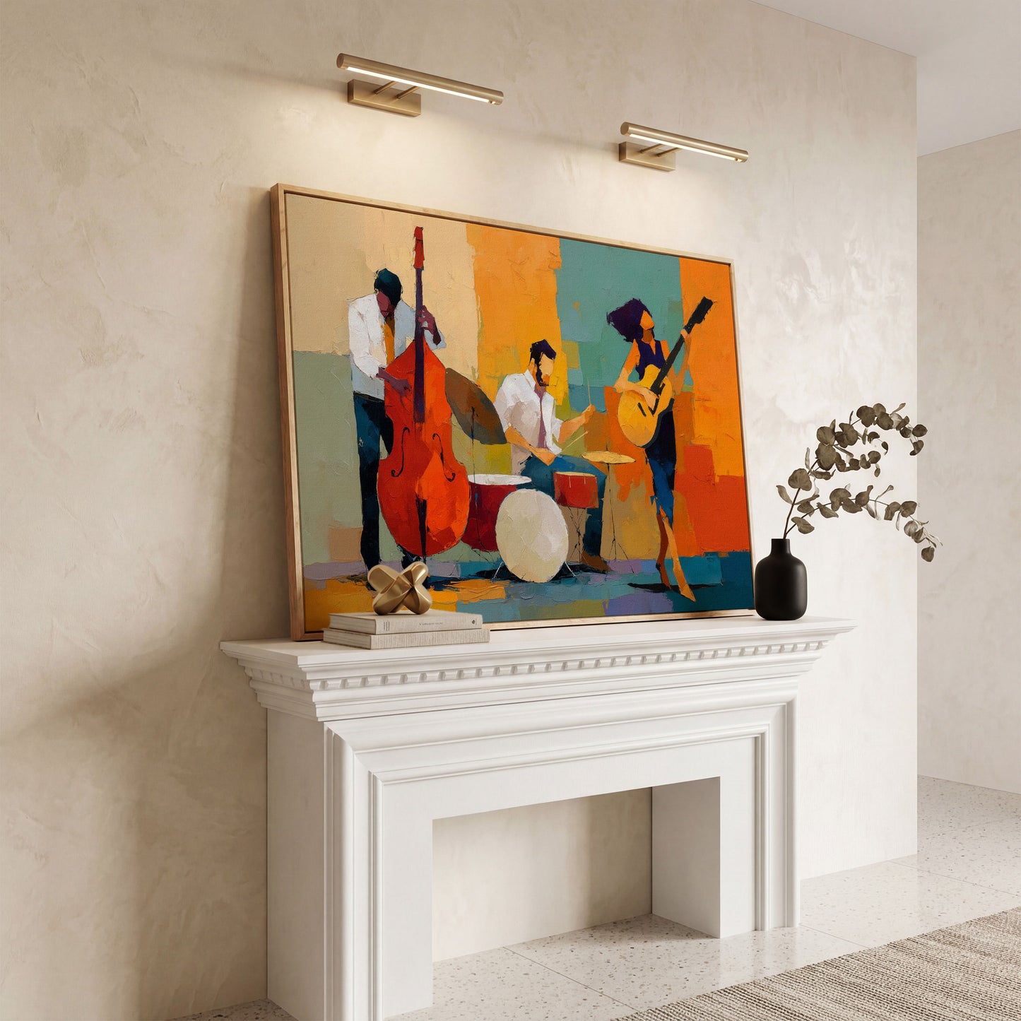 Jazz Trio in Action: Bassist, Drummer and Guitarist Canvas Art in white oak floating frame