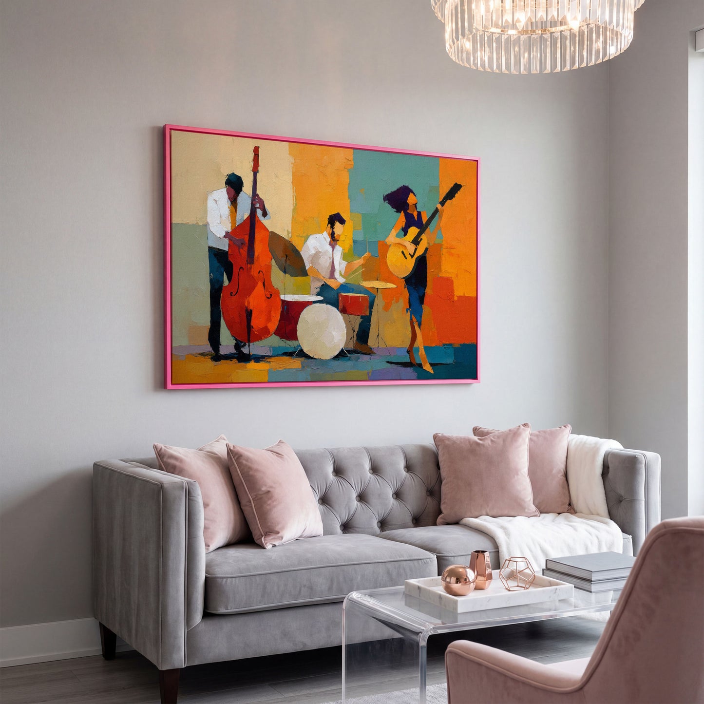 Jazz Trio in Action: Bassist, Drummer and Guitarist Canvas Art in pink floating frame