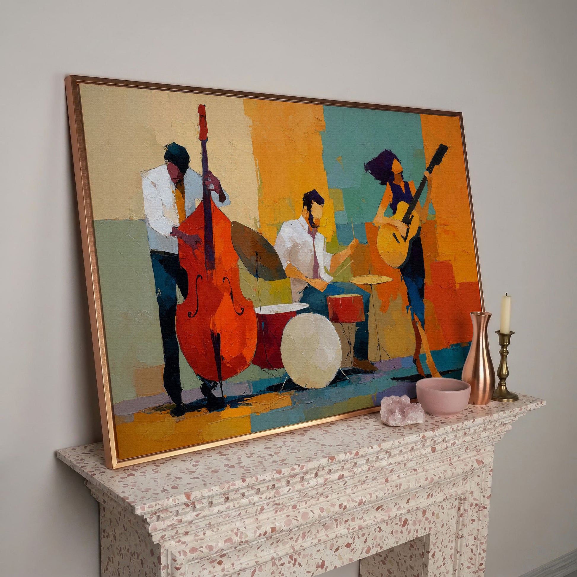 Jazz Trio in Action: Bassist, Drummer and Guitarist Canvas Art in rose gold floating frame