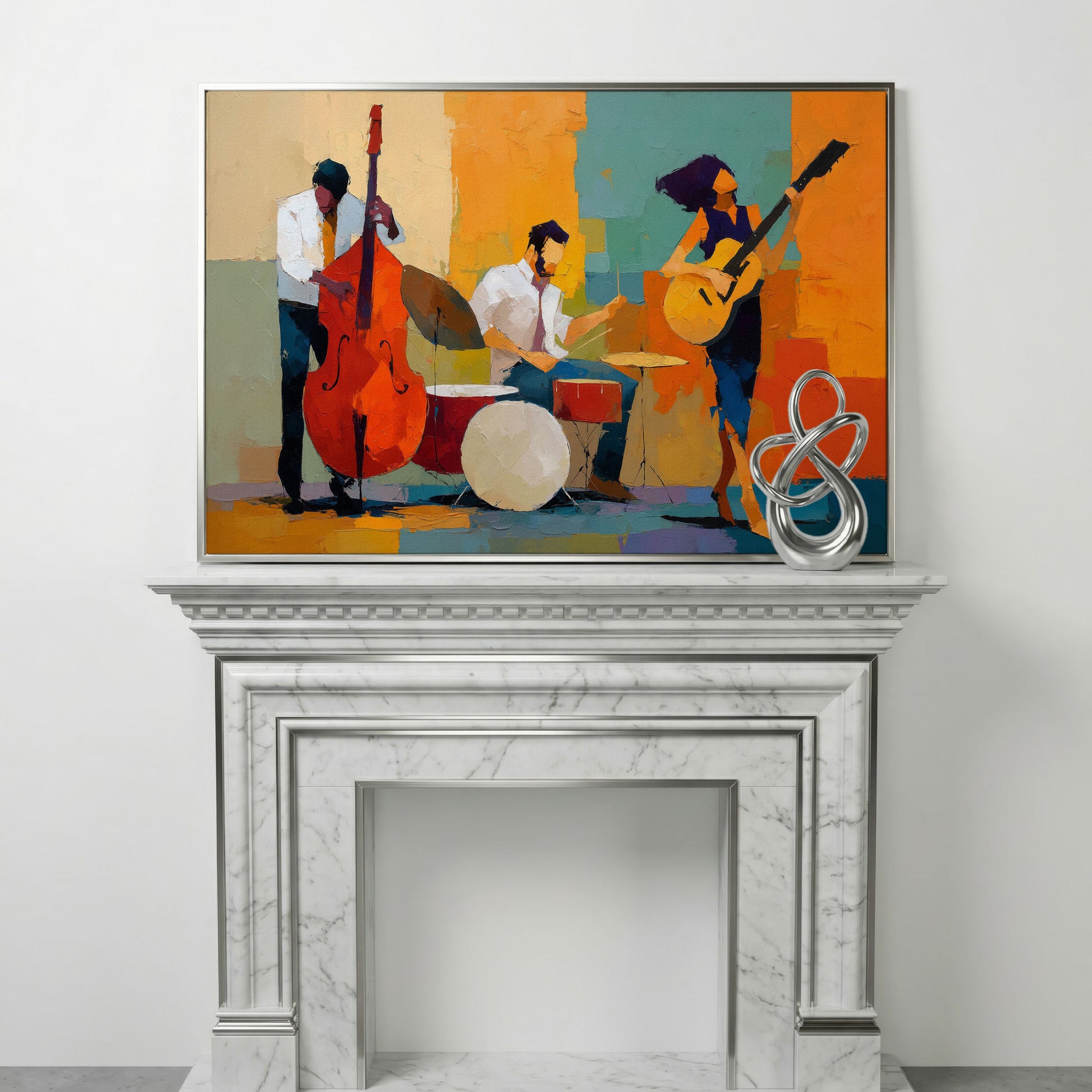 Jazz Trio in Action: Bassist, Drummer and Guitarist Canvas Art in silver floating frame