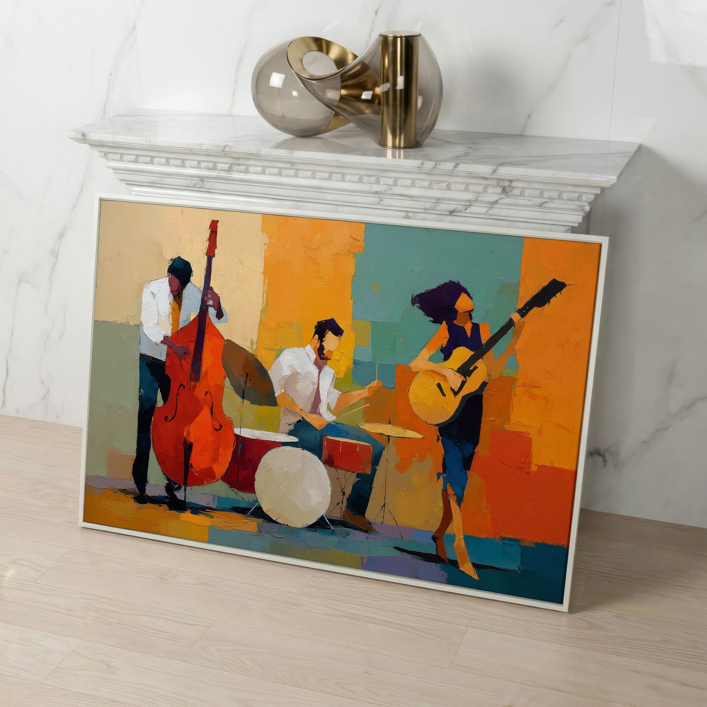 Jazz Trio in Action: Bassist, Drummer and Guitarist Canvas Art in white floating frame