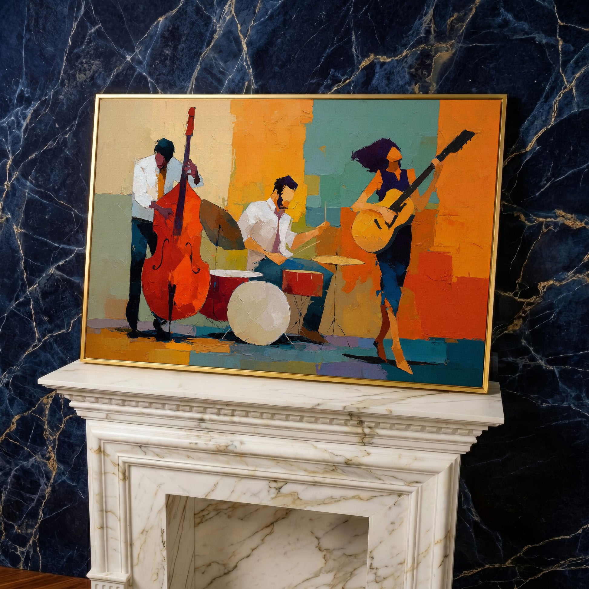 Jazz Trio in Action: Bassist, Drummer and Guitarist Canvas Art in yellow gold floating frame