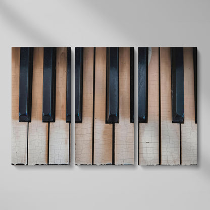 Worn Piano Keys Canvas Art, Wabi-Sabi Music Wall Decor as 3-panel split version