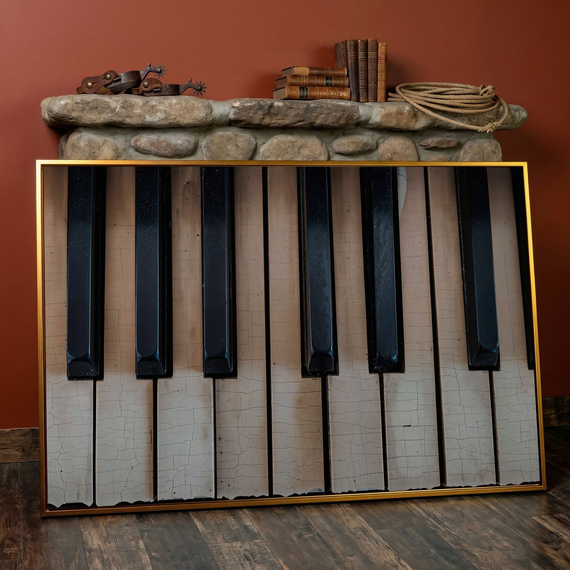 Worn Piano Keys Canvas Art, Wabi-Sabi Music Wall Decor in antique gold floating frame
