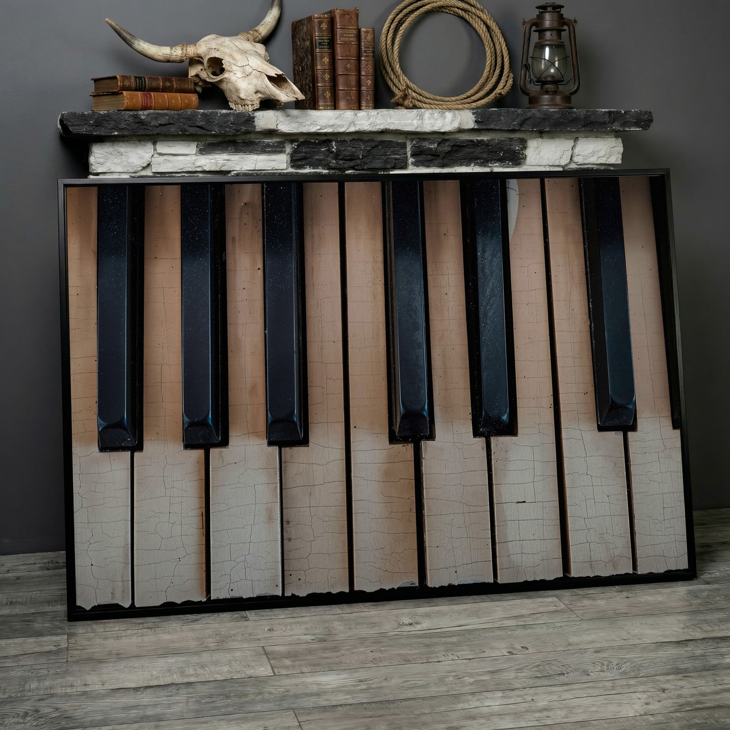 Worn Piano Keys Canvas Art, Wabi-Sabi Music Wall Decor in black floating frame