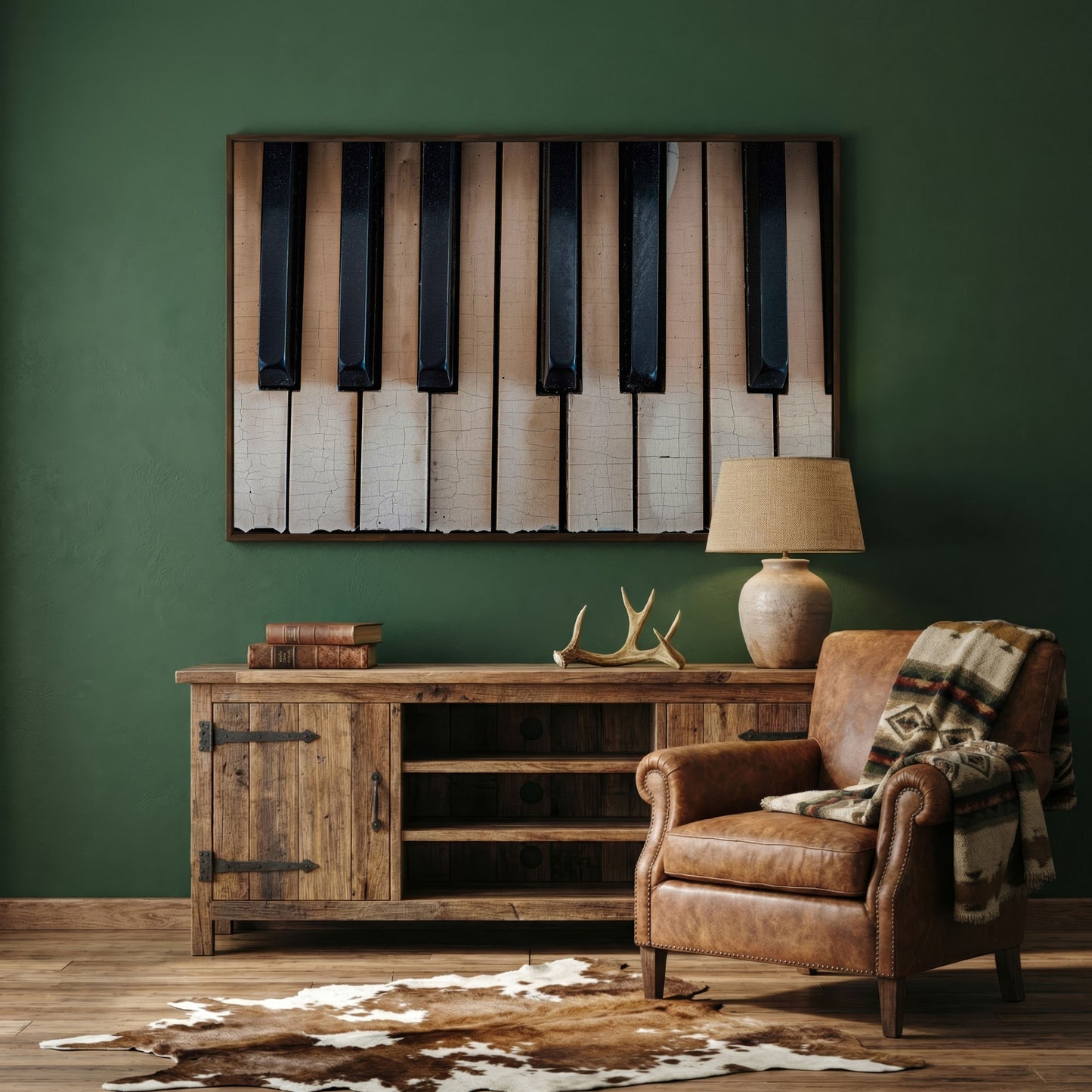 Worn Piano Keys Canvas Art, Wabi-Sabi Music Wall Decor in dark walnut floating frame