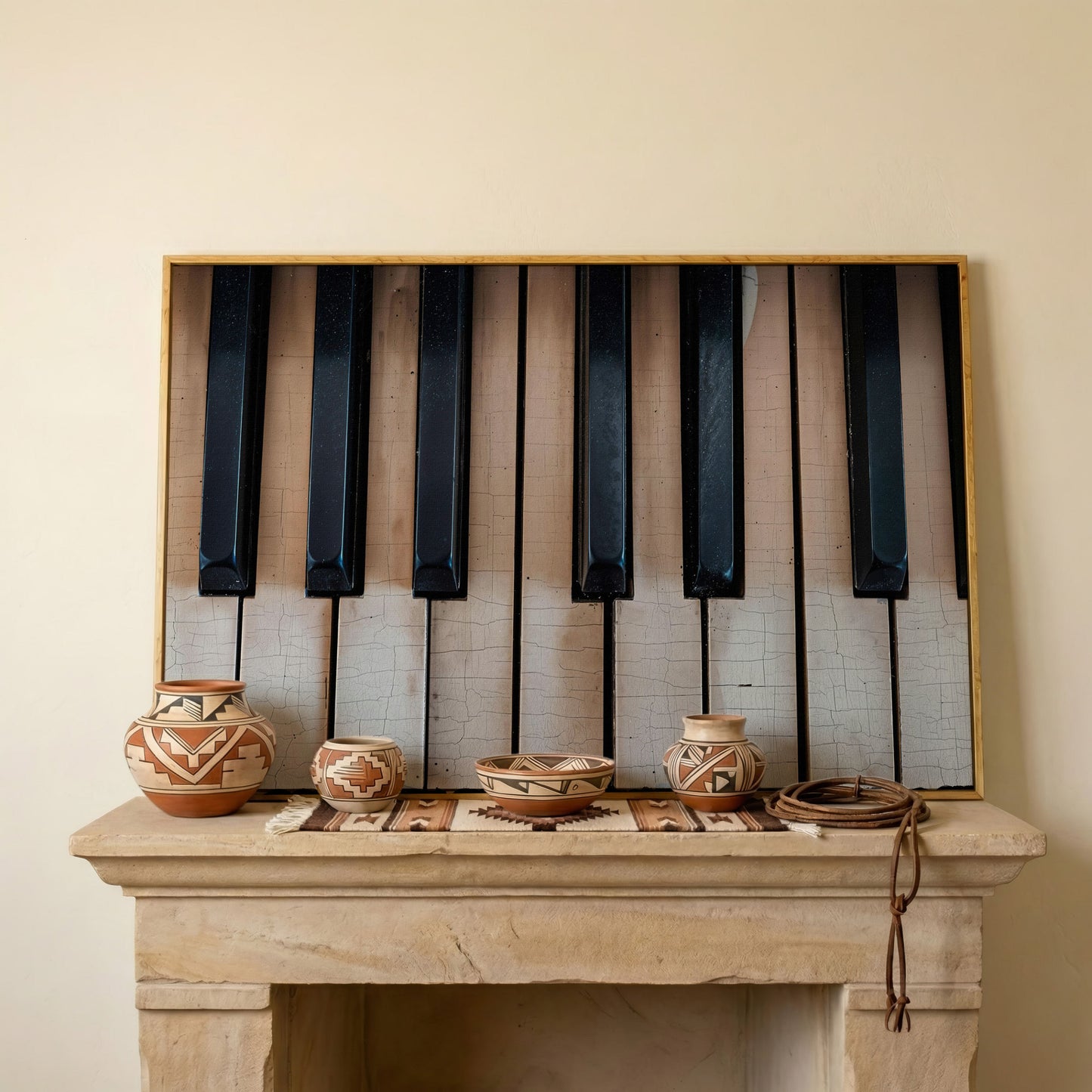 Worn Piano Keys Canvas Art, Wabi-Sabi Music Wall Decor in white oak floating frame