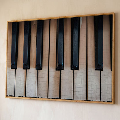 Worn Piano Keys Canvas Art, Wabi-Sabi Music Wall Decor shown in white oak floating frame