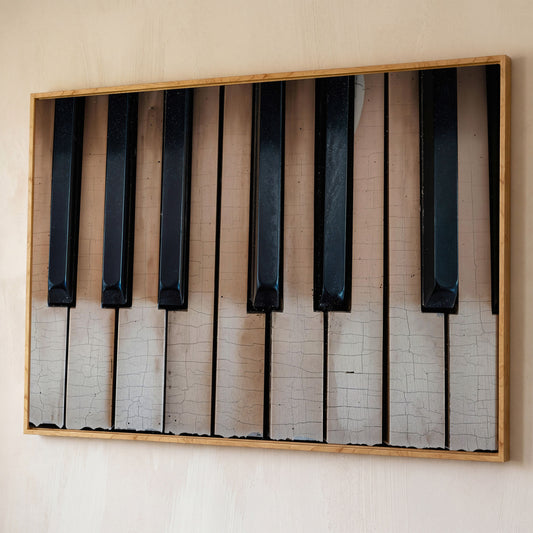 Worn Piano Keys Canvas Art, Wabi-Sabi Music Wall Decor shown in white oak floating frame