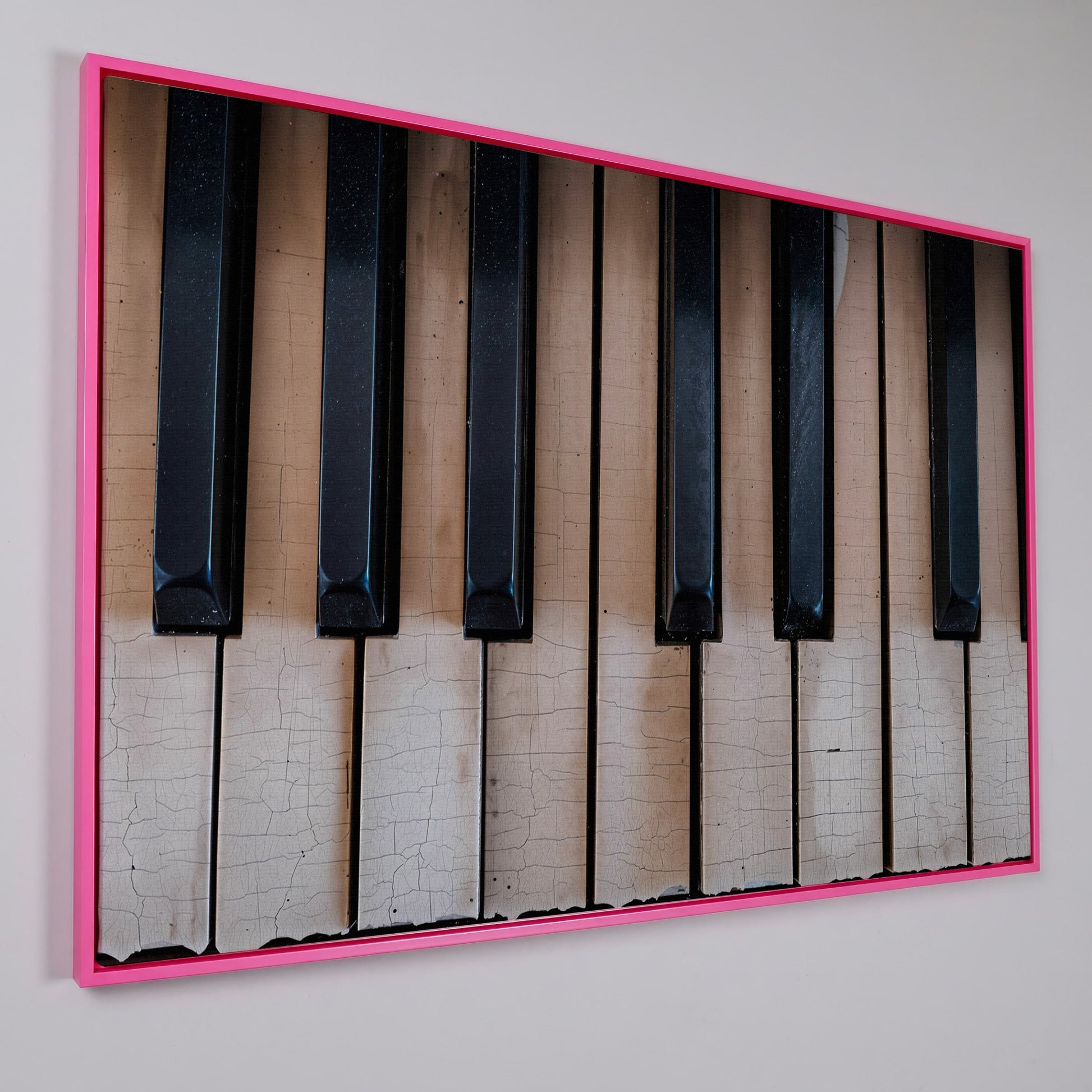 Worn Piano Keys Canvas Art, Wabi-Sabi Music Wall Decor in pink floating frame