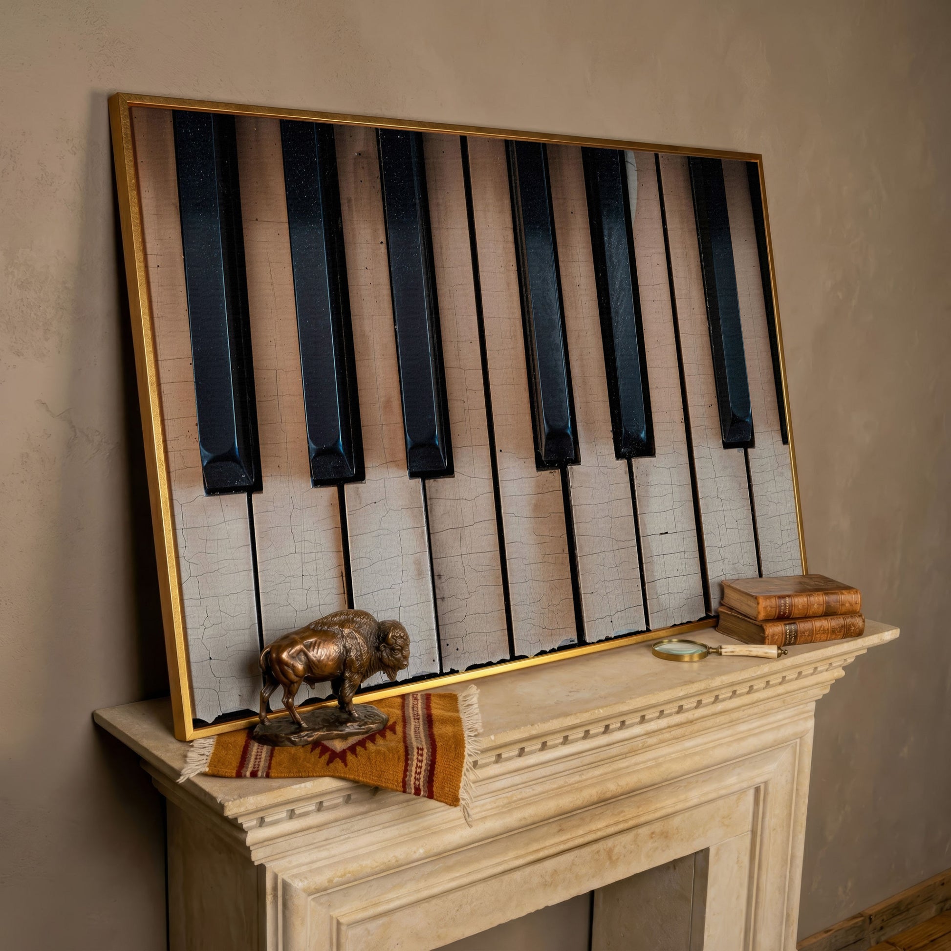 Worn Piano Keys Canvas Art, Wabi-Sabi Music Wall Decor in rose gold floating frame