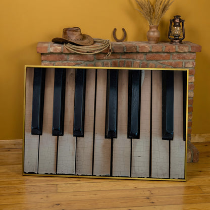 Worn Piano Keys Canvas Art, Wabi-Sabi Music Wall Decor in yellow gold floating frame
