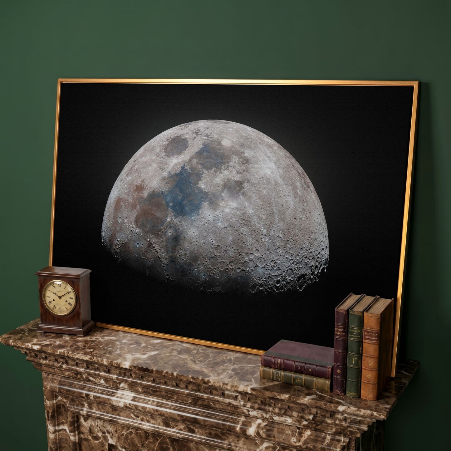 The Moon in Detail: Lunar Surface Canvas Wall Art in antique gold floating frame