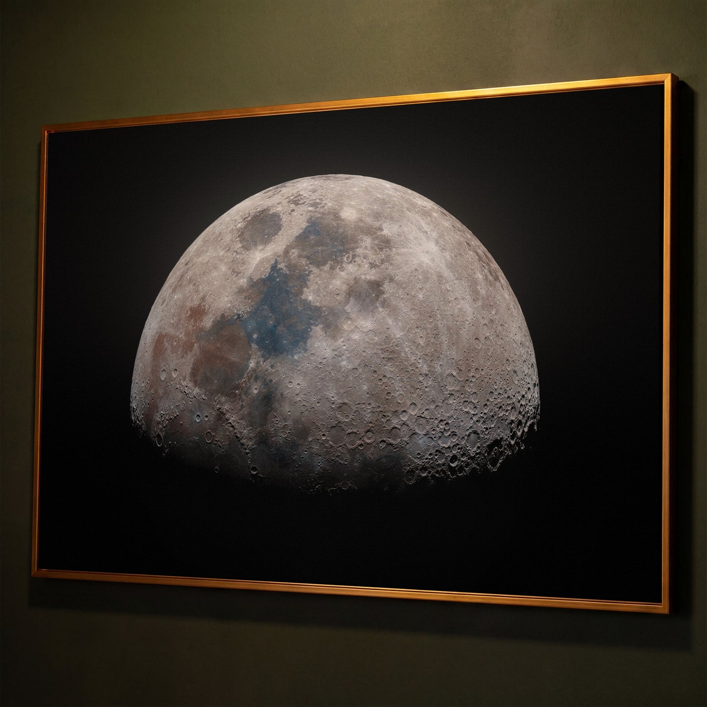 The Moon in Detail: Lunar Surface Canvas Wall Art shown in antique gold floating frame