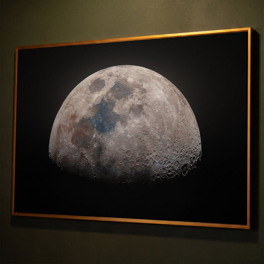 The Moon in Detail: Lunar Surface Canvas Wall Art shown in antique gold floating frame