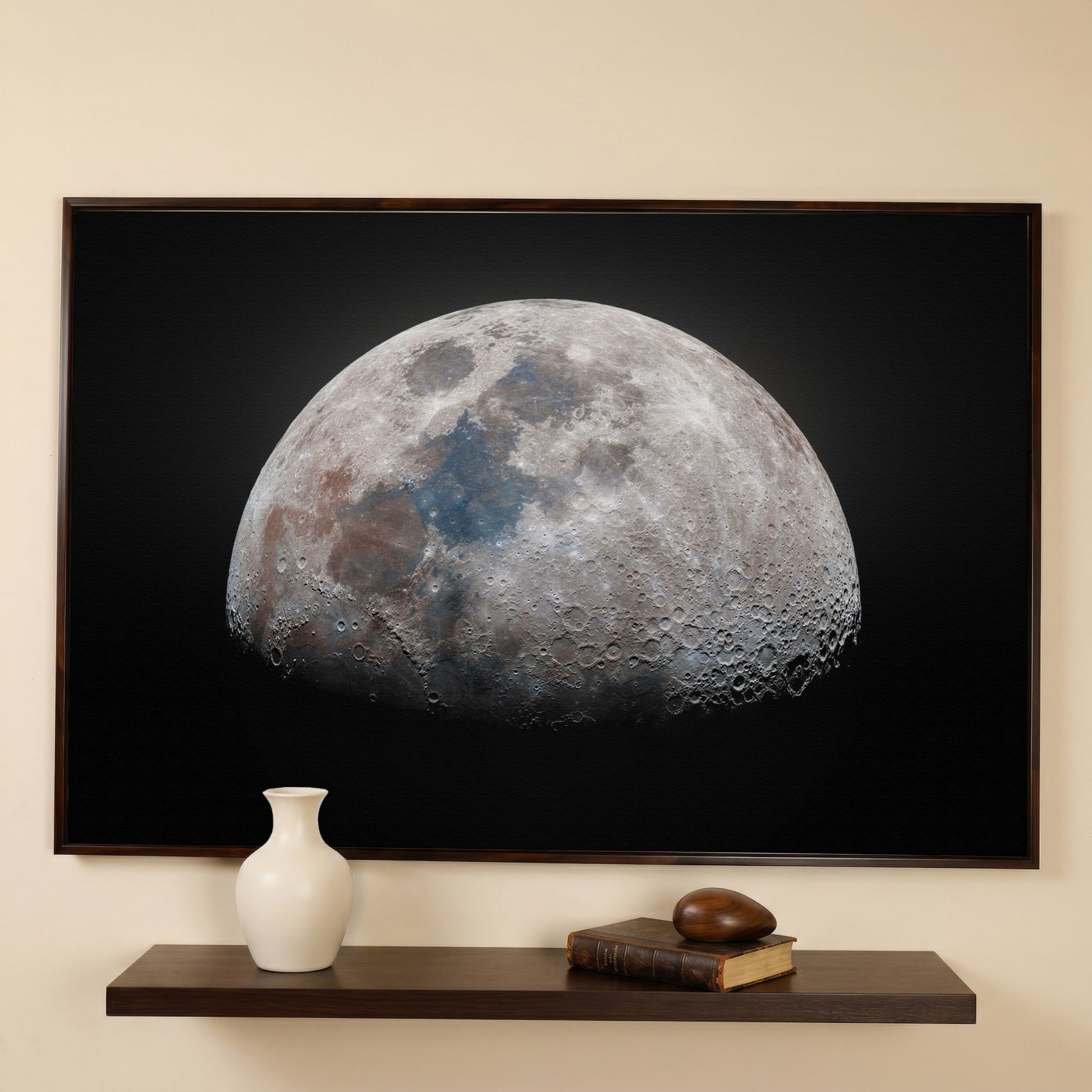 The Moon in Detail: Lunar Surface Canvas Wall Art in dark walnut floating frame
