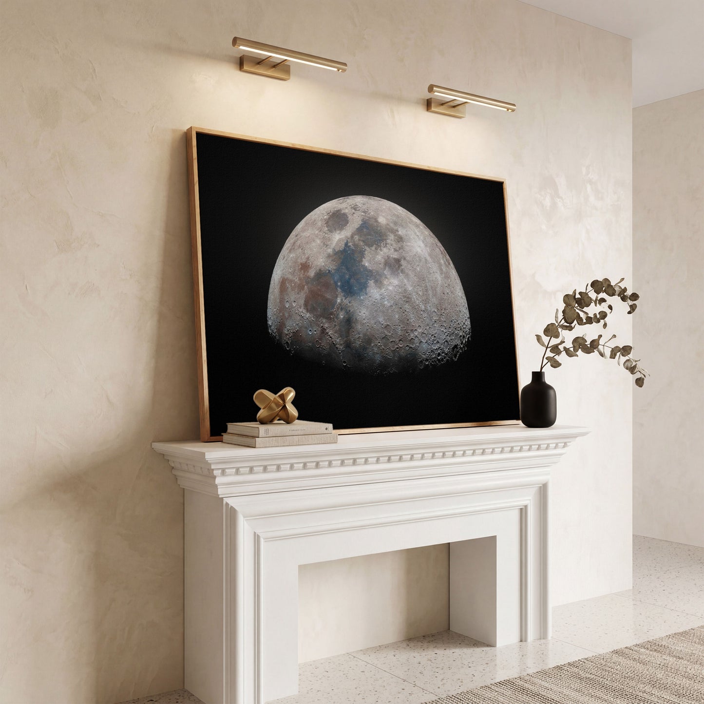 The Moon in Detail: Lunar Surface Canvas Wall Art in white oak floating frame