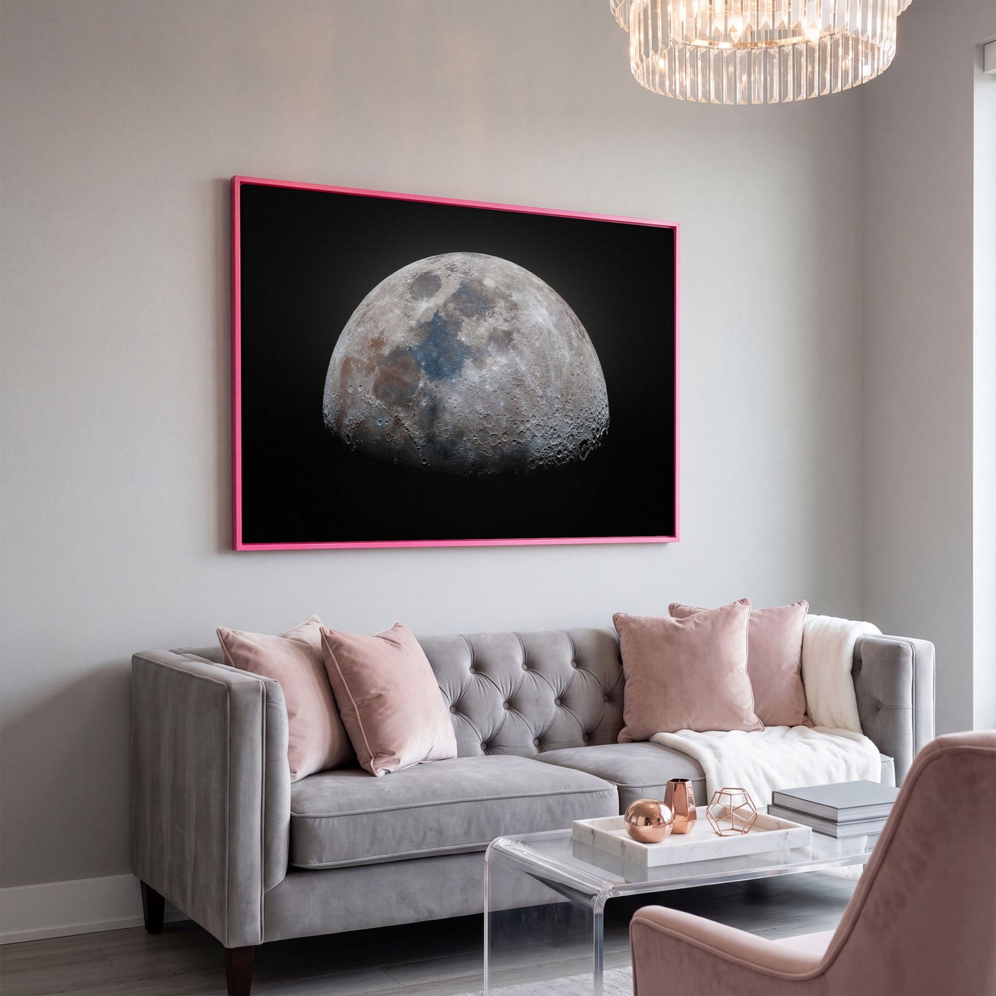 The Moon in Detail: Lunar Surface Canvas Wall Art in pink floating frame