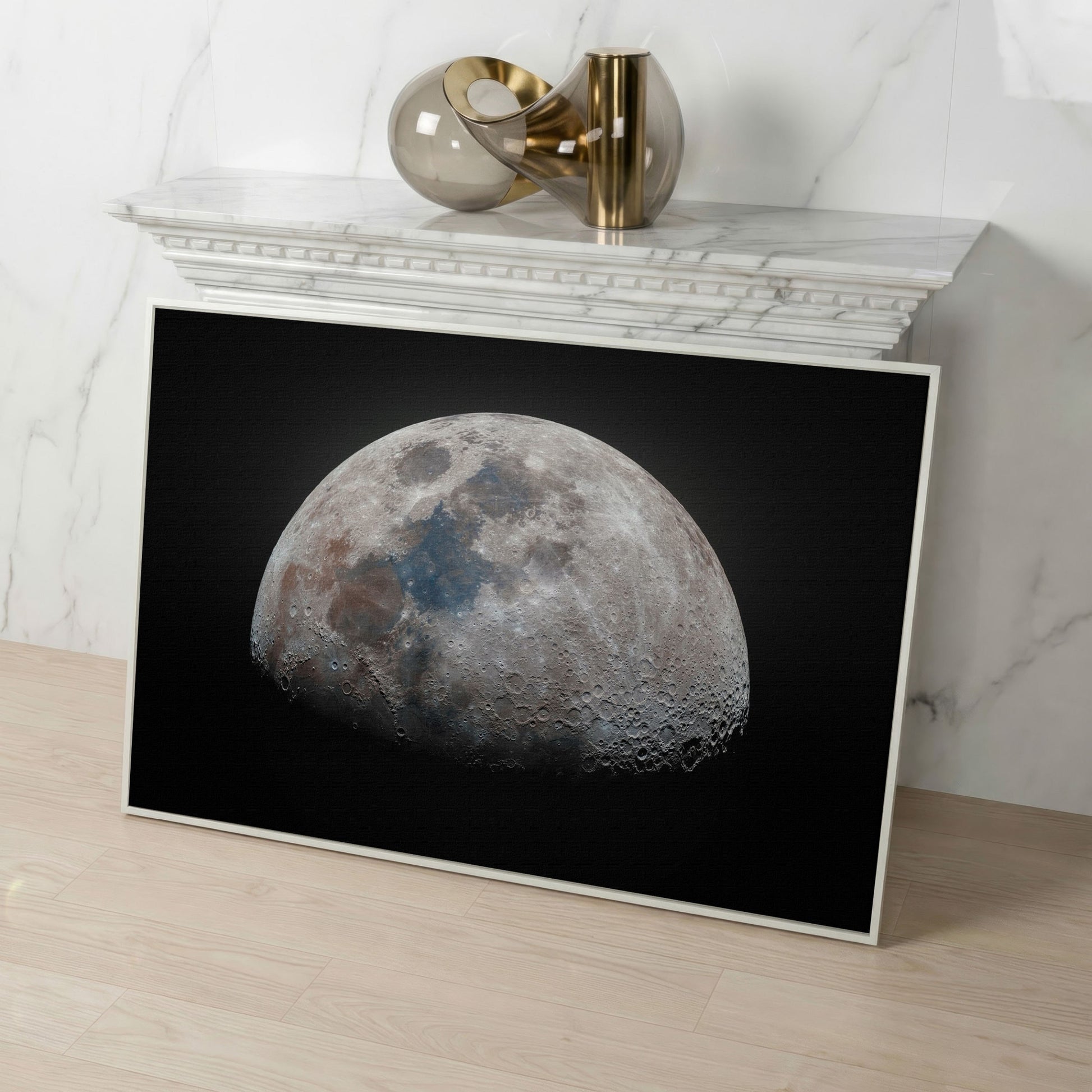 The Moon in Detail: Lunar Surface Canvas Wall Art in white floating frame