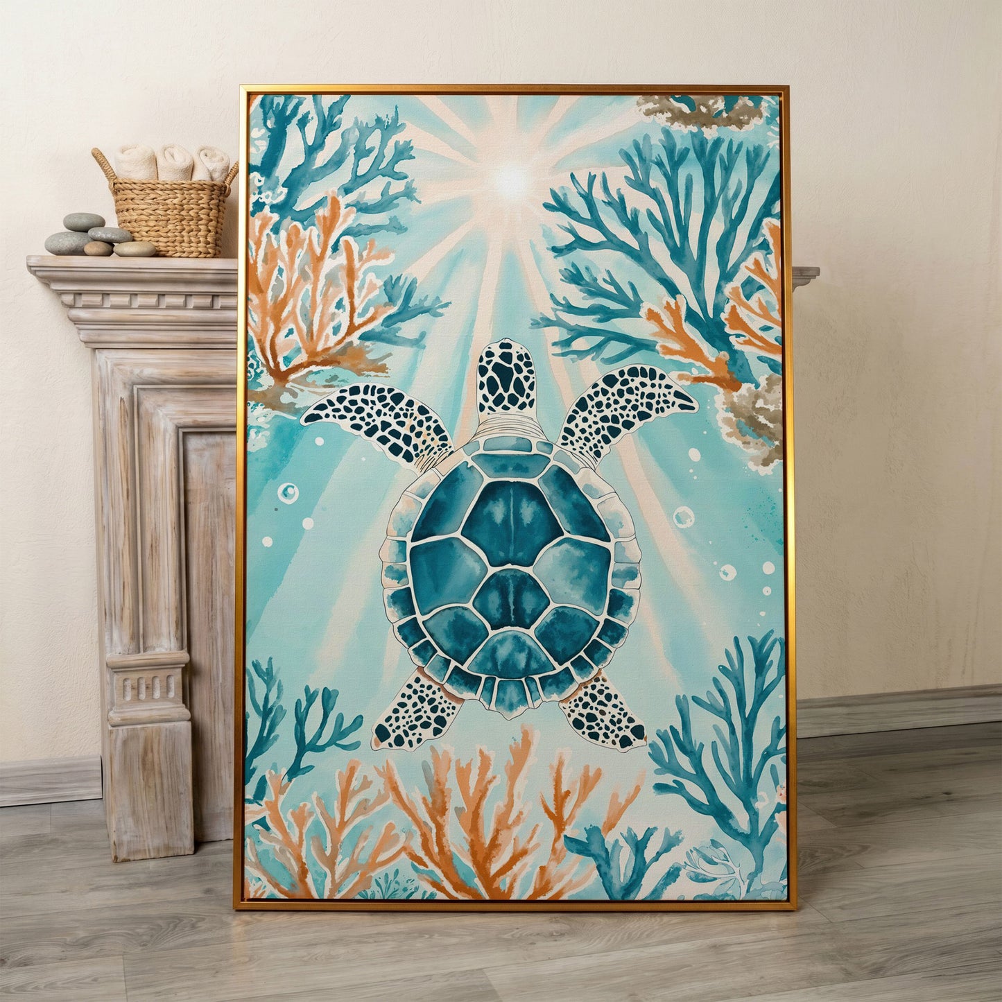 Sea Turtle and Coral Reef Ocean Canvas Wall Art in antique gold floating frame