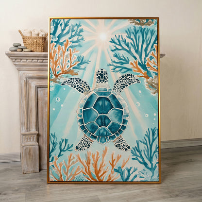Sea Turtle and Coral Reef Ocean Canvas Wall Art in antique gold floating frame