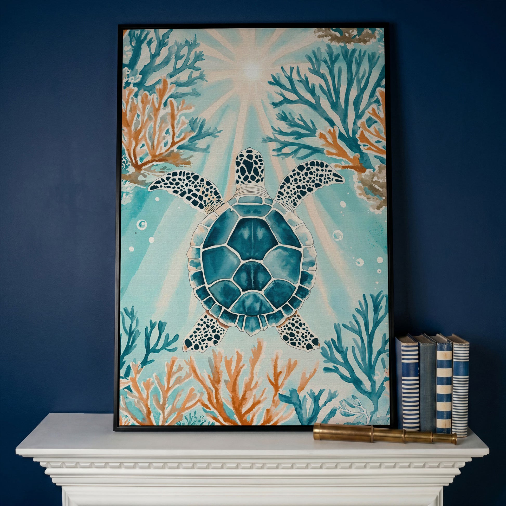 Sea Turtle and Coral Reef Ocean Canvas Wall Art in black floating frame