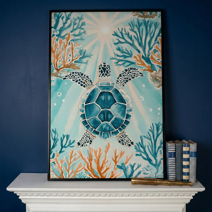 Sea Turtle and Coral Reef Ocean Canvas Wall Art in black floating frame