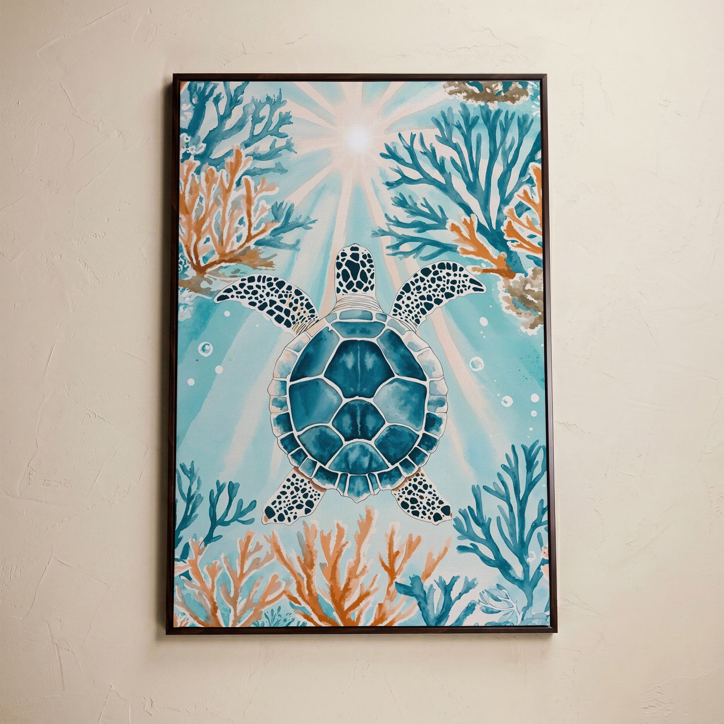 Sea Turtle and Coral Reef Ocean Canvas Wall Art in dark walnut floating frame