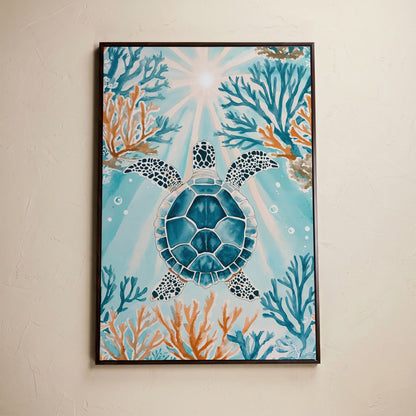Sea Turtle and Coral Reef Ocean Canvas Wall Art in dark walnut floating frame
