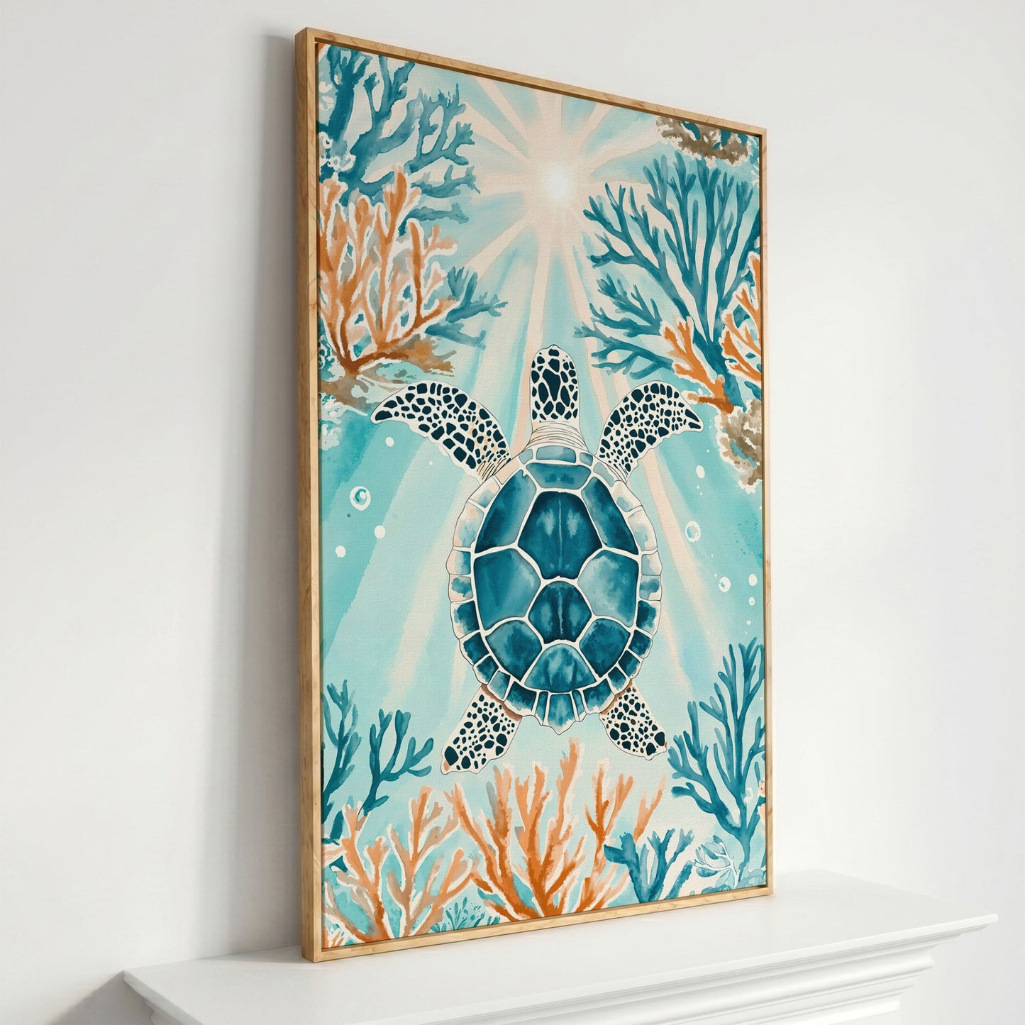 Sea Turtle and Coral Reef Ocean Canvas Wall Art in white oak floating frame