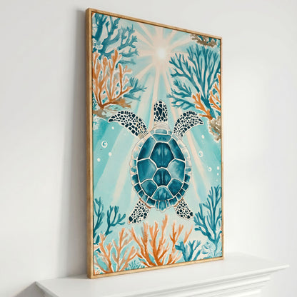 Sea Turtle and Coral Reef Ocean Canvas Wall Art in white oak floating frame