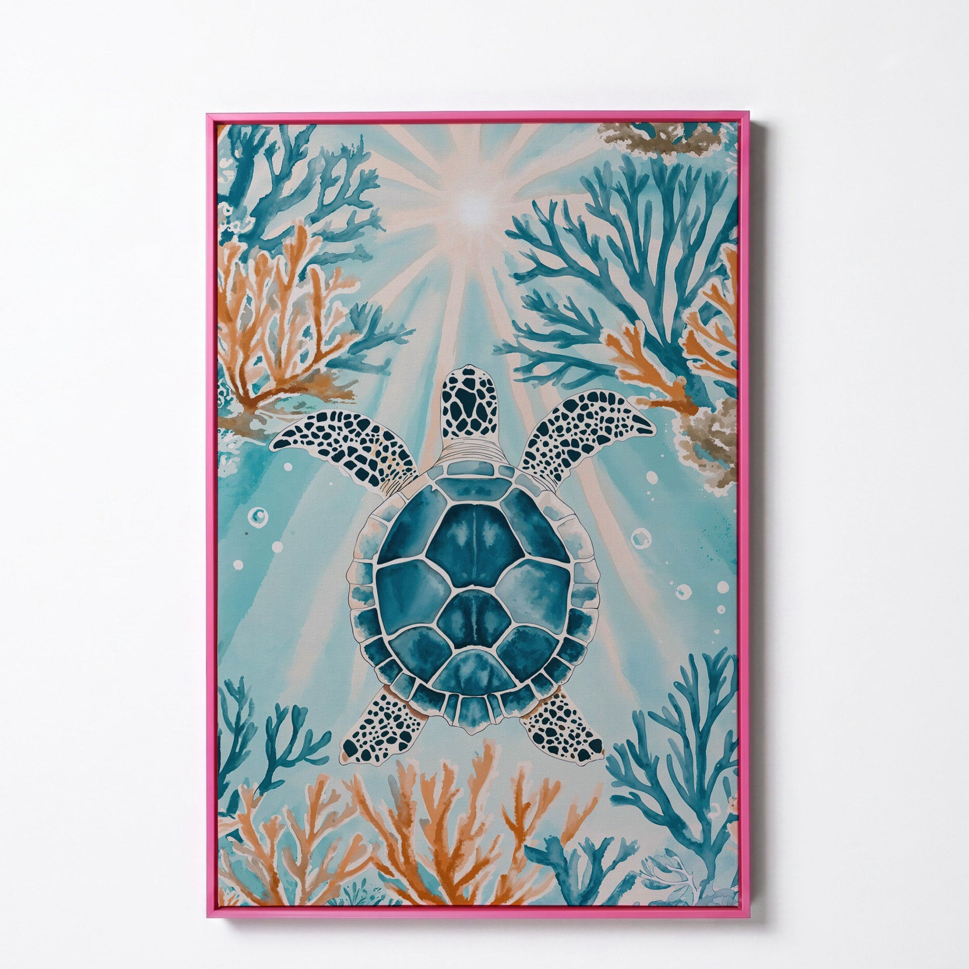 Sea Turtle and Coral Reef Ocean Canvas Wall Art in pink floating frame