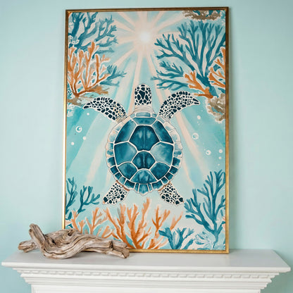 Sea Turtle and Coral Reef Ocean Canvas Wall Art in rose gold floating frame