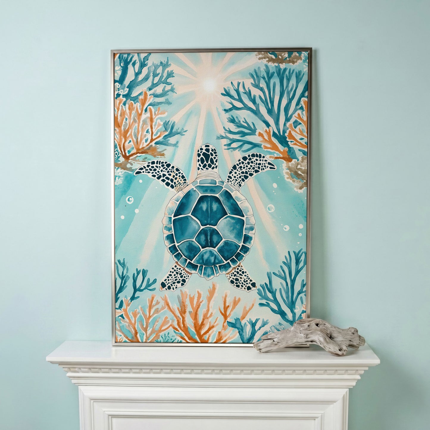 Sea Turtle and Coral Reef Ocean Canvas Wall Art in silver floating frame