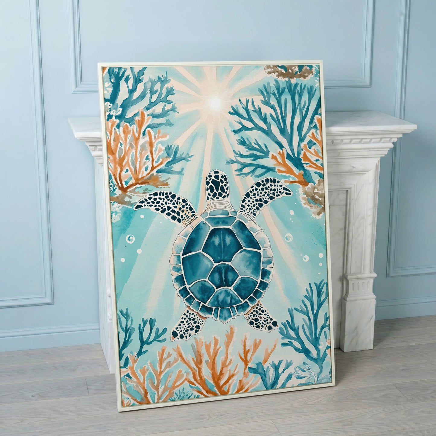 Sea Turtle and Coral Reef Ocean Canvas Wall Art in white floating frame
