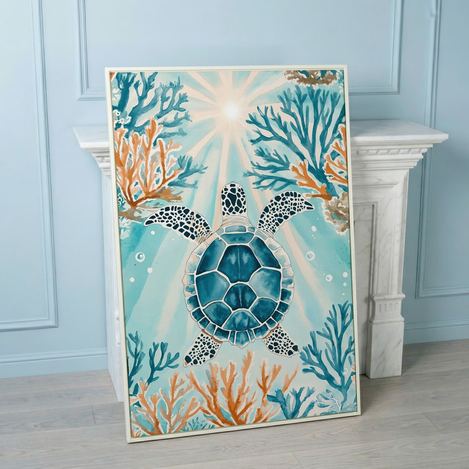 Sea Turtle and Coral Reef Ocean Canvas Wall Art in white floating frame