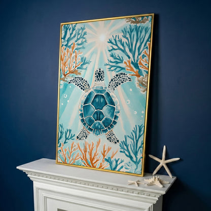 Sea Turtle and Coral Reef Ocean Canvas Wall Art in yellow gold floating frame