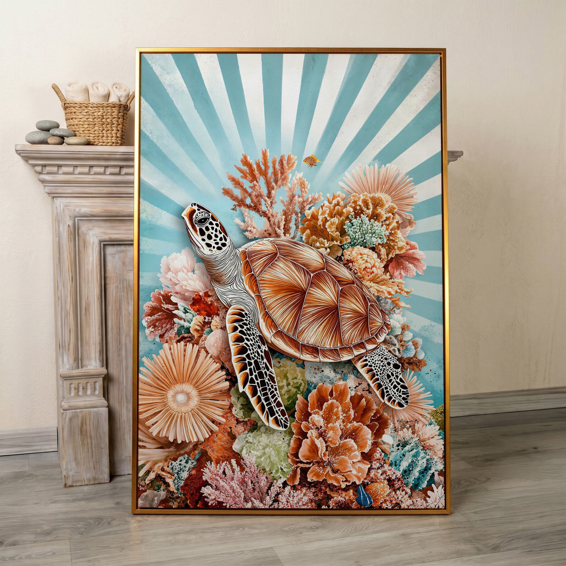 Sea Turtle and Coral Reef Canvas Wall Art, Ocean Life Portrait in antique gold floating frame