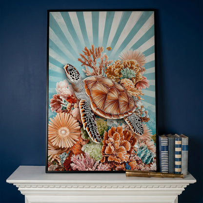 Sea Turtle and Coral Reef Canvas Wall Art, Ocean Life Portrait in black floating frame
