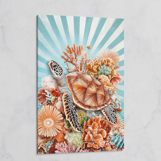 Sea Turtle and Coral Reef Canvas Wall Art, Ocean Life Portrait on gallery wrap