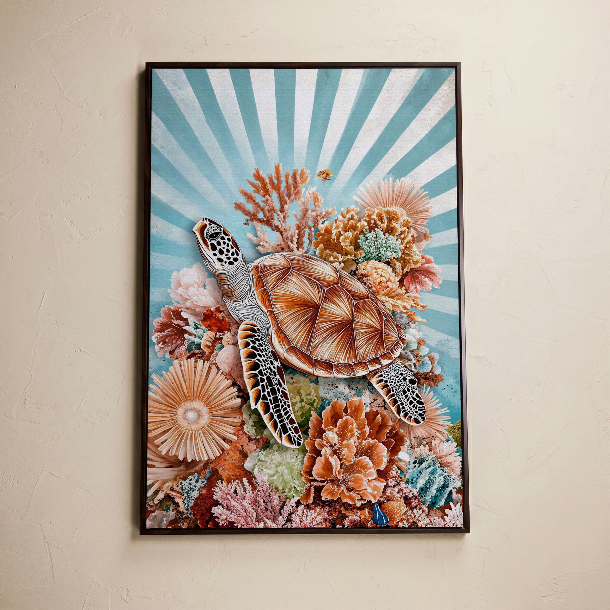 Sea Turtle and Coral Reef Canvas Wall Art, Ocean Life Portrait in dark walnut floating frame
