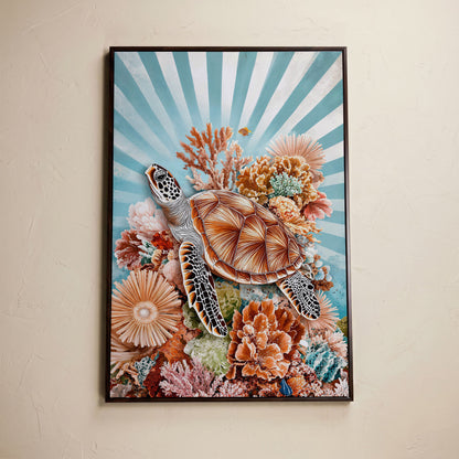 Sea Turtle and Coral Reef Canvas Wall Art, Ocean Life Portrait in dark walnut floating frame