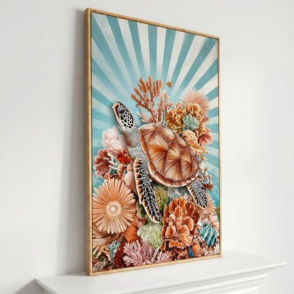 Sea Turtle and Coral Reef Canvas Wall Art, Ocean Life Portrait in white oak floating frame