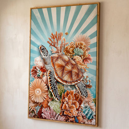 Sea Turtle and Coral Reef Canvas Wall Art, Ocean Life Portrait shown in white oak floating frame