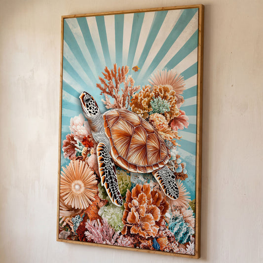 Sea Turtle and Coral Reef Canvas Wall Art, Ocean Life Portrait shown in white oak floating frame