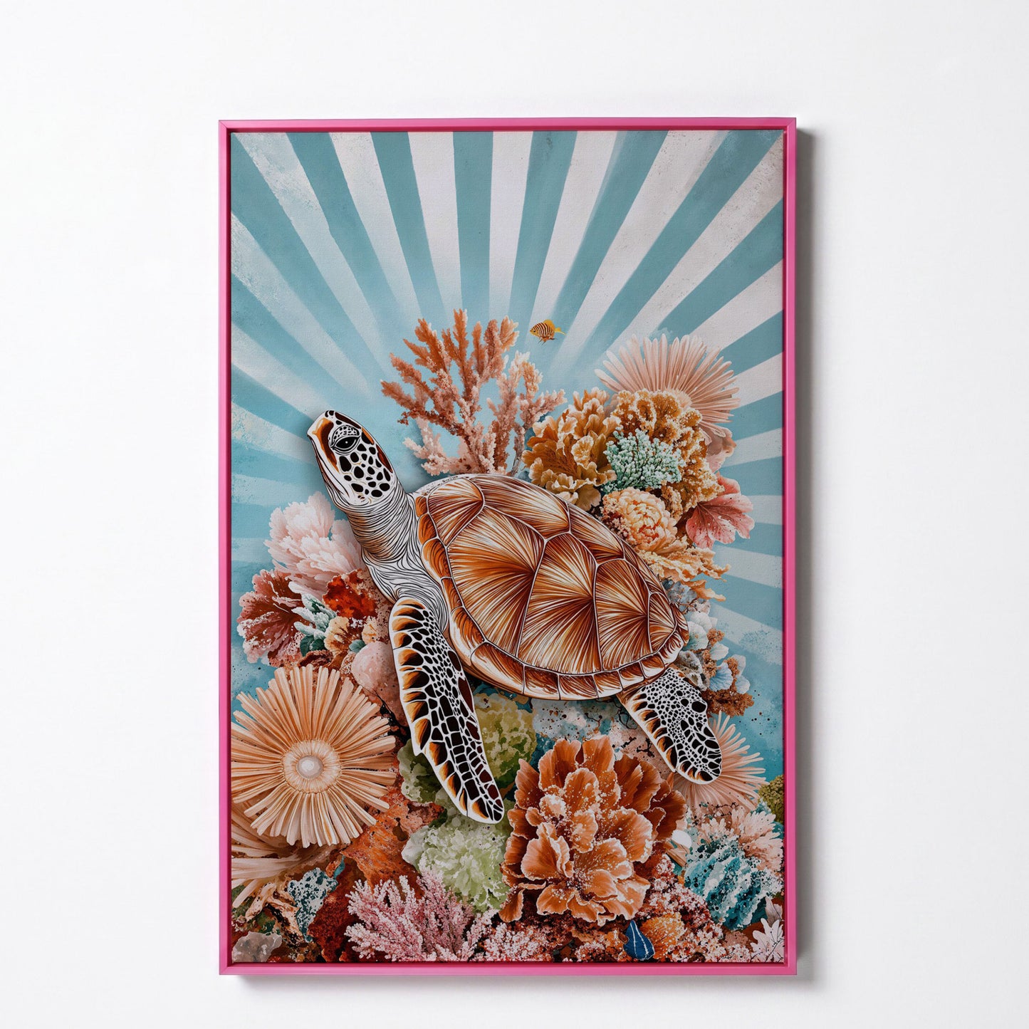 Sea Turtle and Coral Reef Canvas Wall Art, Ocean Life Portrait in pink floating frame