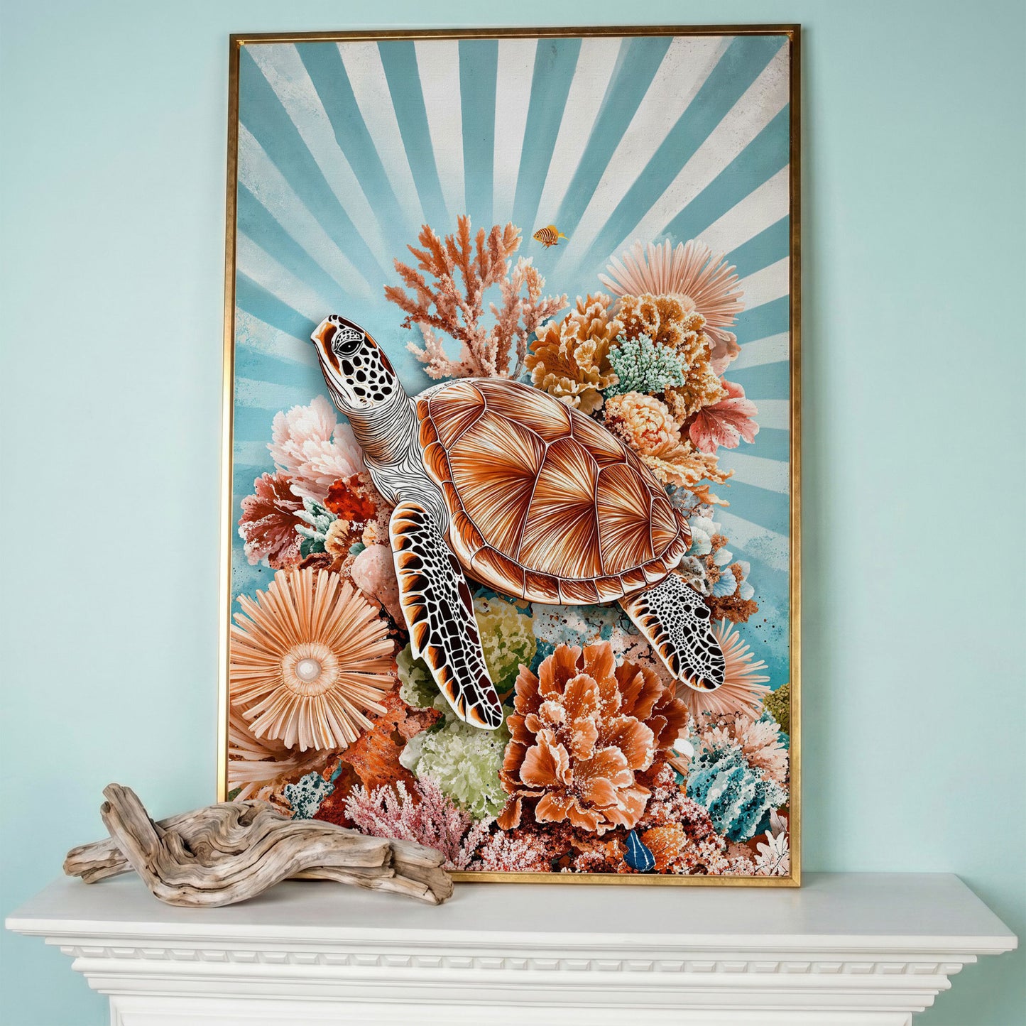 Sea Turtle and Coral Reef Canvas Wall Art, Ocean Life Portrait in rose gold floating frame