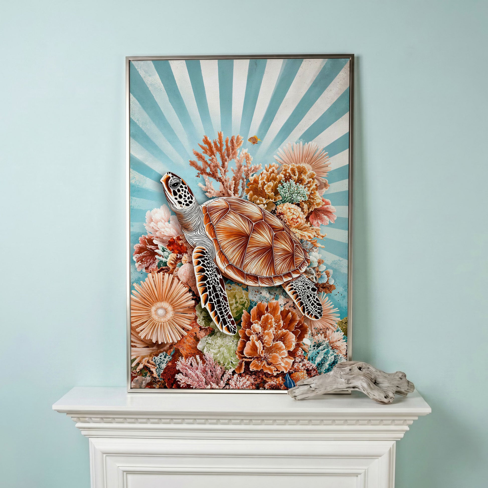 Sea Turtle and Coral Reef Canvas Wall Art, Ocean Life Portrait in silver floating frame