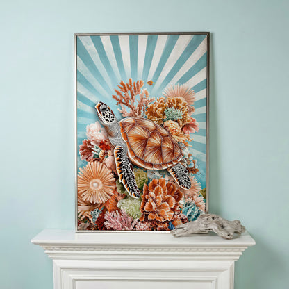 Sea Turtle and Coral Reef Canvas Wall Art, Ocean Life Portrait in silver floating frame