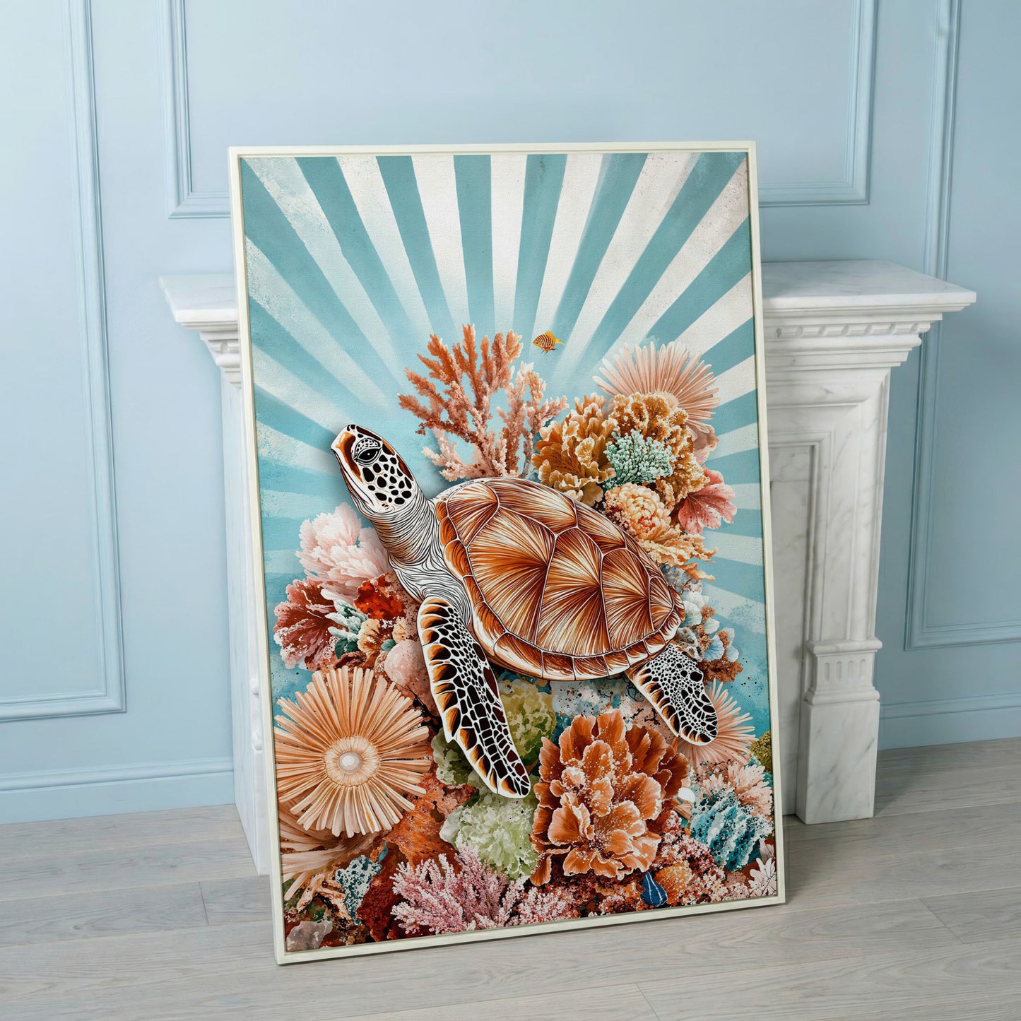 Sea Turtle and Coral Reef Canvas Wall Art, Ocean Life Portrait in white floating frame